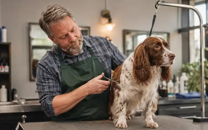 Professional pet groomer working with a dog